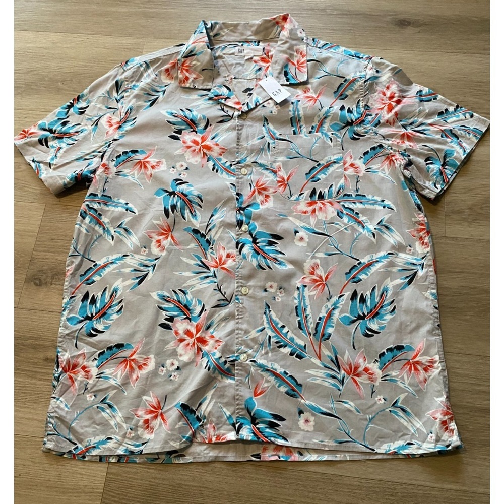 GAP Mens Hawaiian Shirt Floral Tropical Short Sleeve Button Up Gray Large NWT